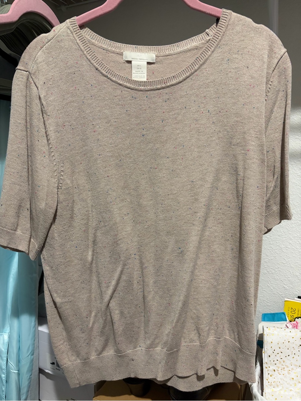 H&M Short Sleeve Crewneck Sweater - Light Taupe with Multicolor Flecks